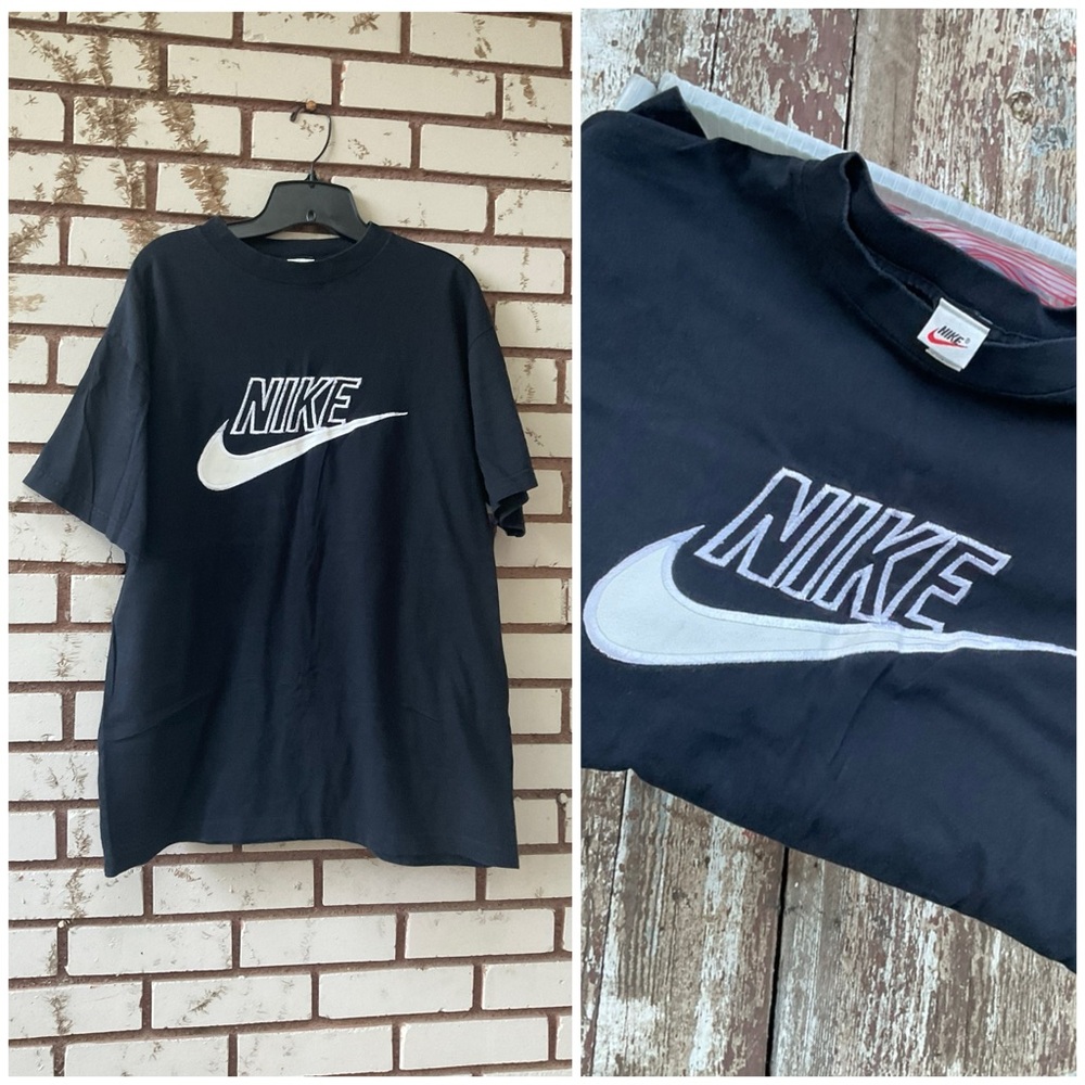 Vintage 1994 NIKE Embroidered Spell Out Leather Swoosh Shirt Made in USA Large